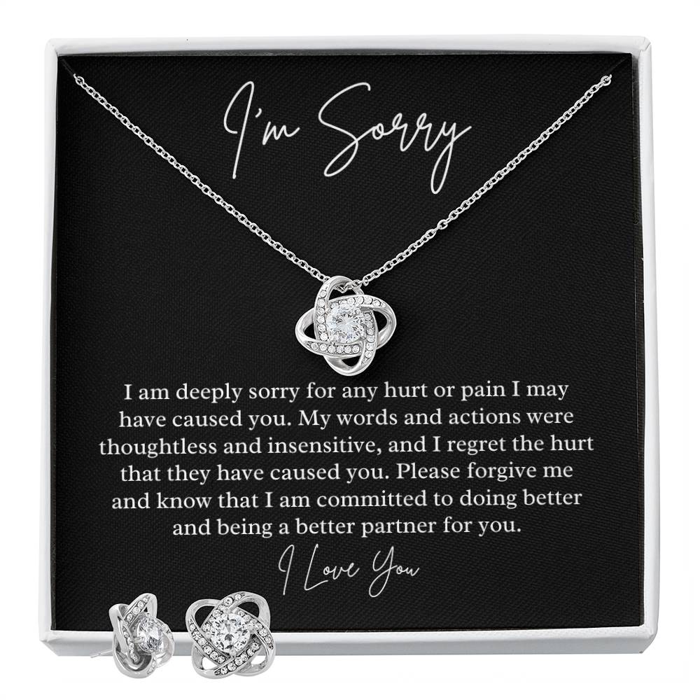 I'm Sorry heartfelt jewelry message card, Love knot Necklace & Earring Set - Heartfelt Sparks
