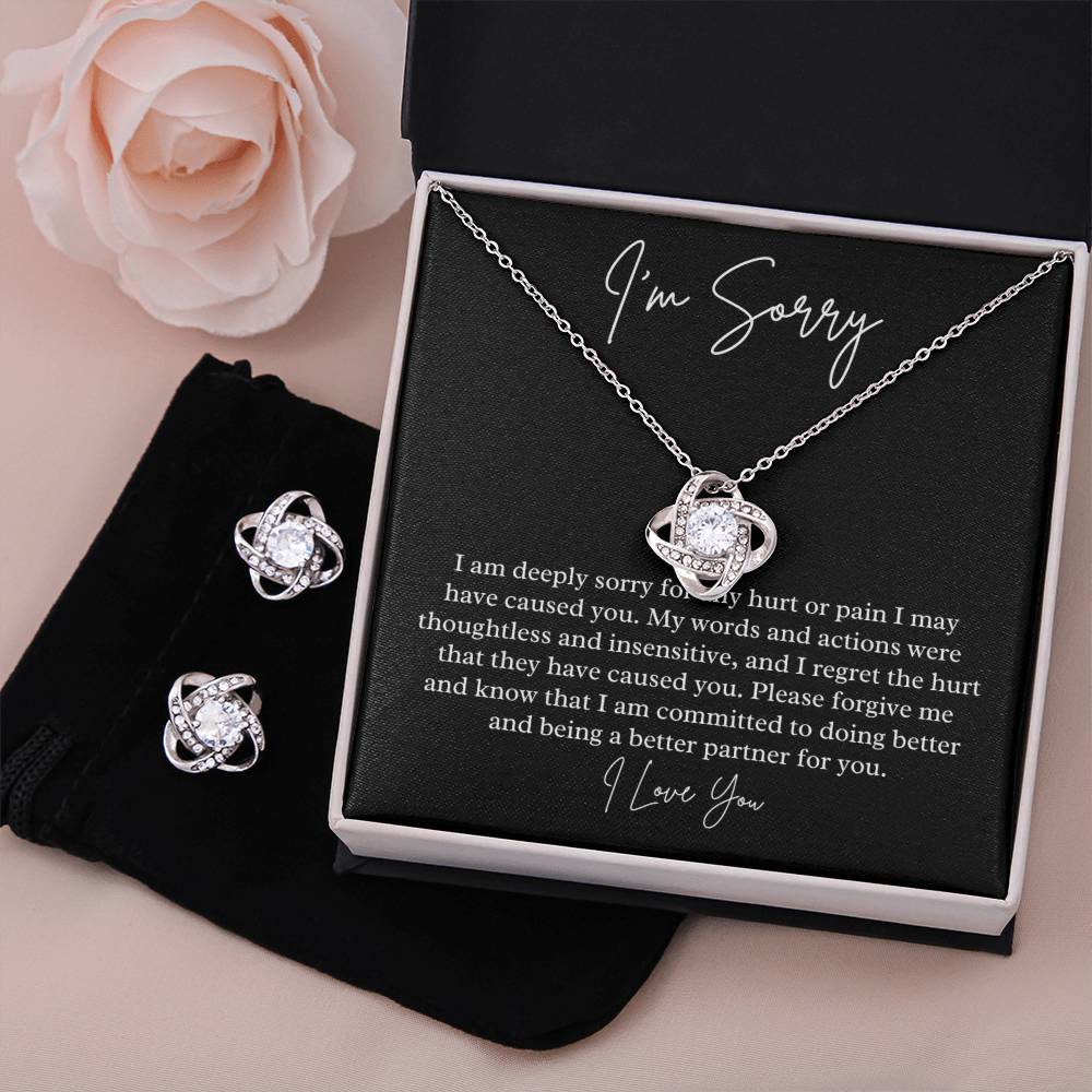 I'm Sorry heartfelt jewelry message card, Love knot Necklace & Earring Set - Heartfelt Sparks