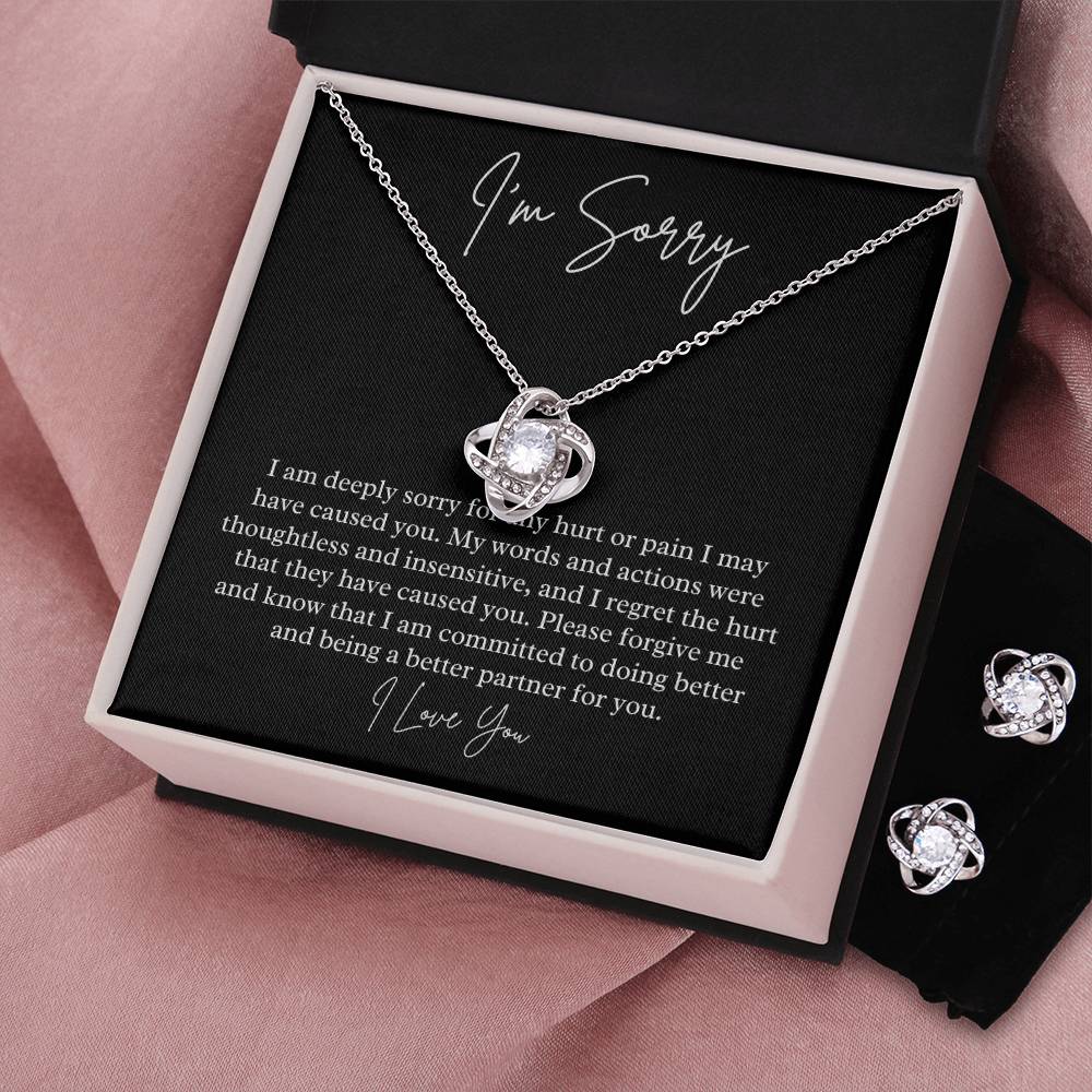 I'm Sorry heartfelt jewelry message card, Love knot Necklace & Earring Set - Heartfelt Sparks