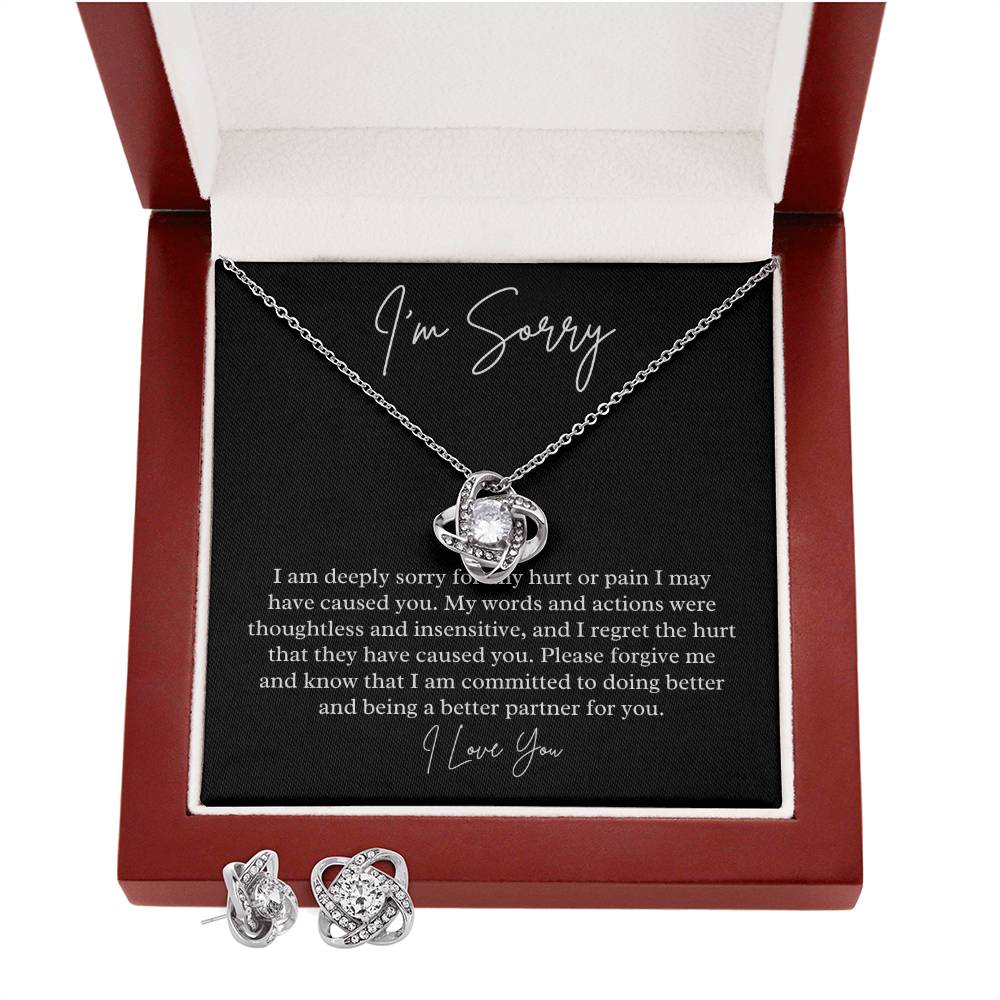 I'm Sorry heartfelt jewelry message card, Love knot Necklace & Earring Set - Heartfelt Sparks