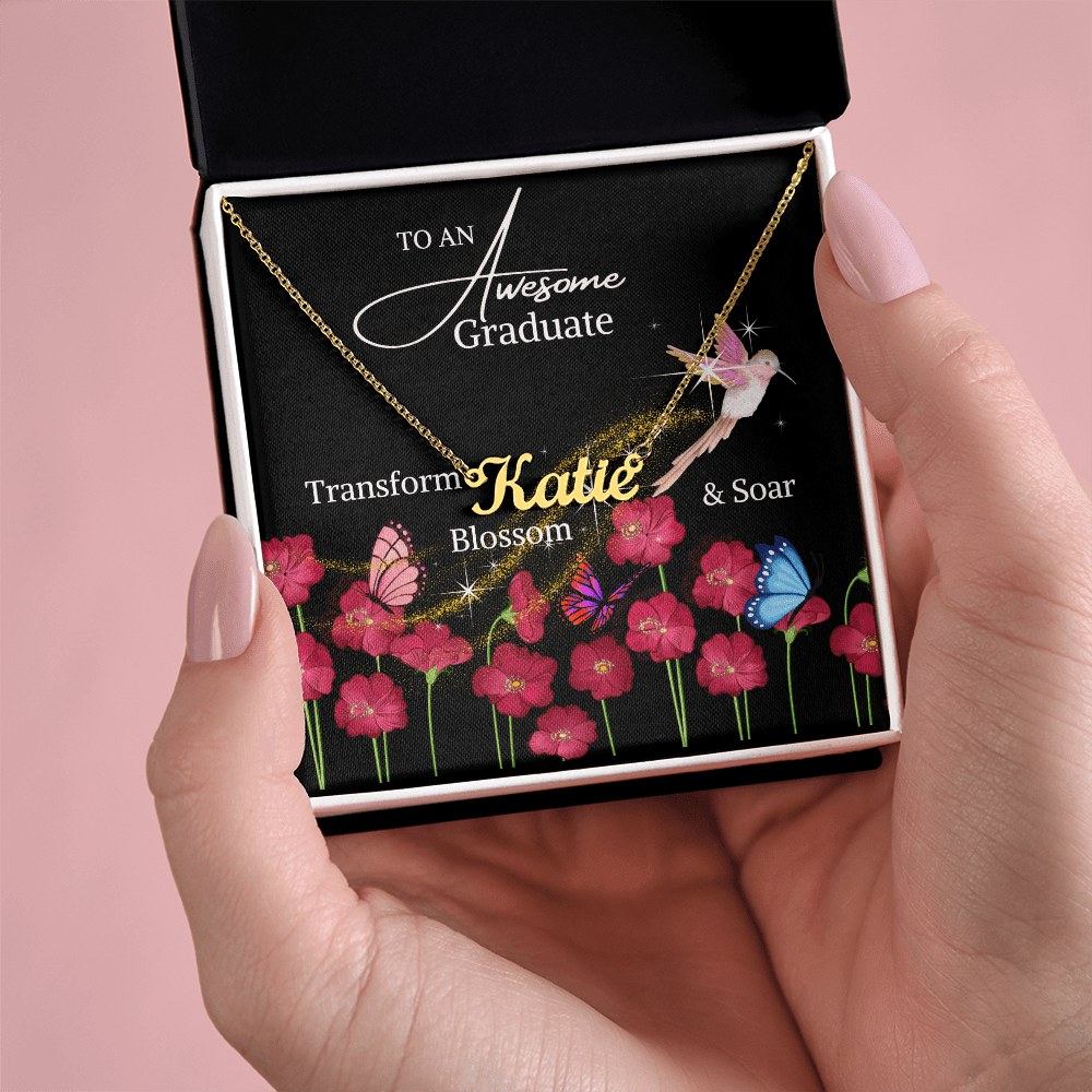 Graduation jewelry message card for her, name necklace - Heartfelt Sparks