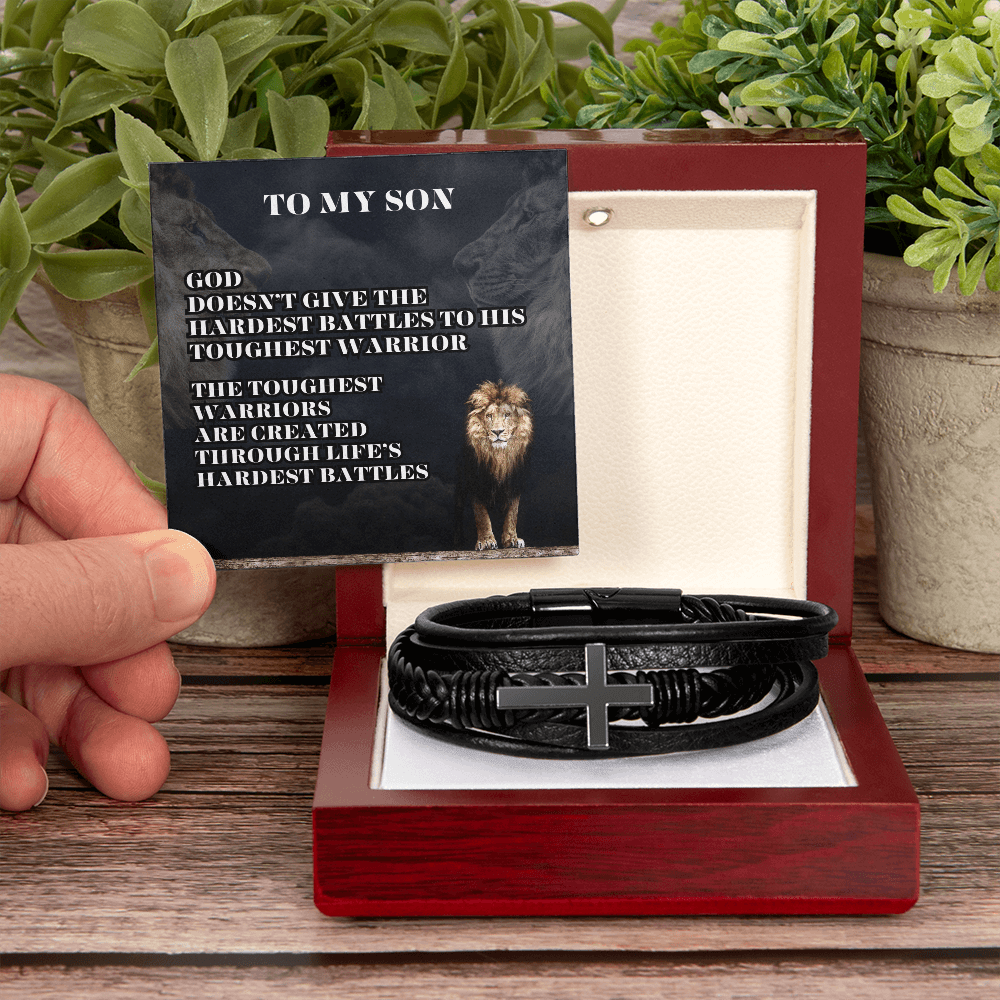 graduation message card gift for him, men's cross leather bracelet. - Heartfelt Sparks