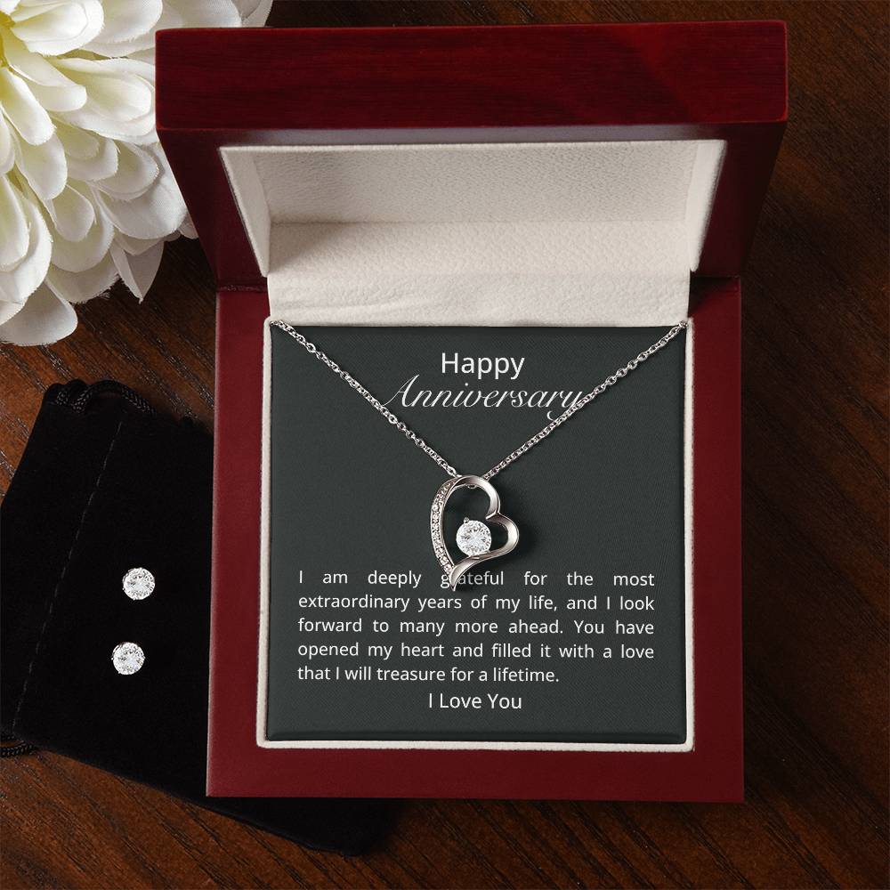 Happy Anniversary forever love necklace and cubic zirconia earring set - Heartfelt Sparks