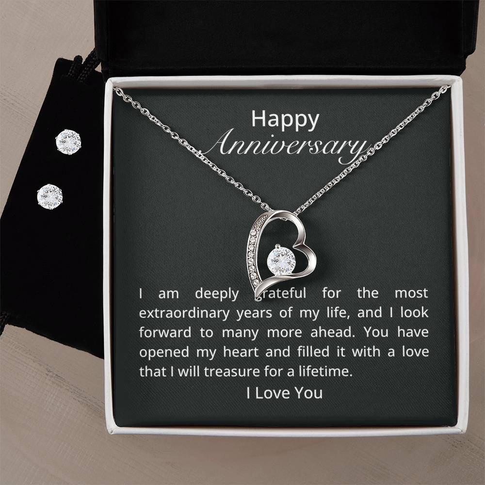 Happy Anniversary forever love necklace and cubic zirconia earring set - Heartfelt Sparks