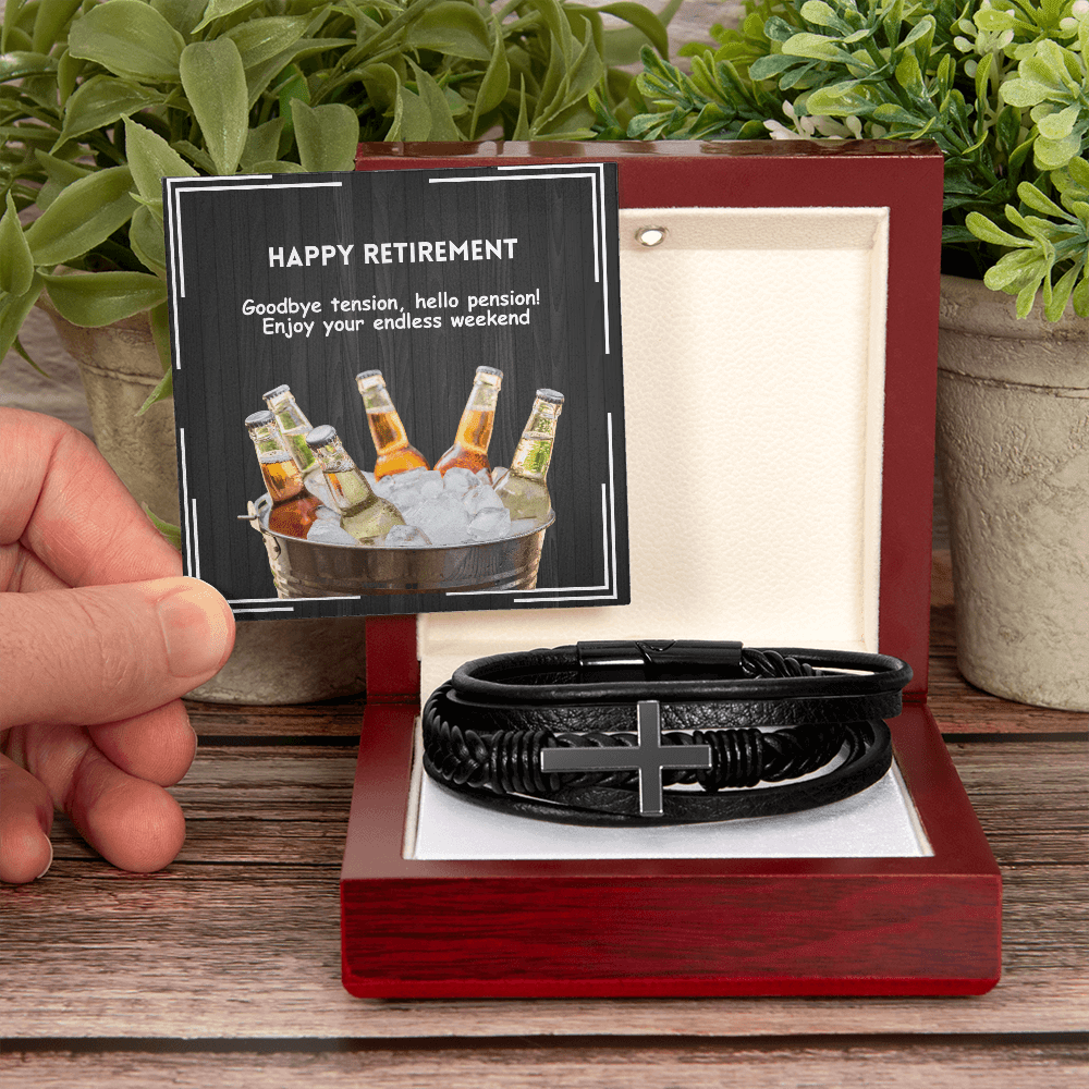Retirement gift for him, men's cross leather bracelet jewelry message card - Heartfelt Sparks