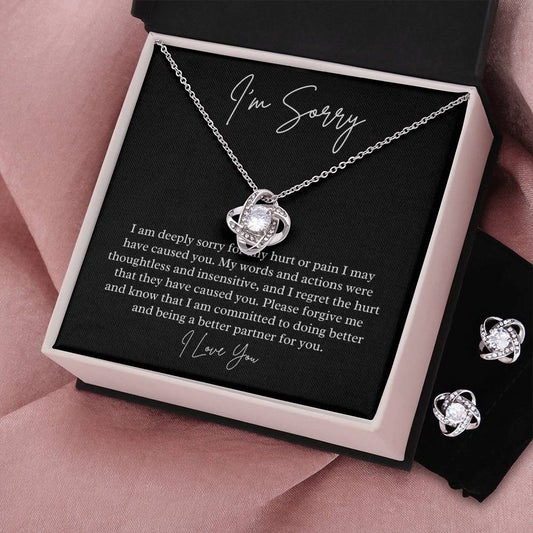 I'm Sorry heartfelt jewelry message card, Love knot Necklace & Earring Set - Heartfelt Sparks