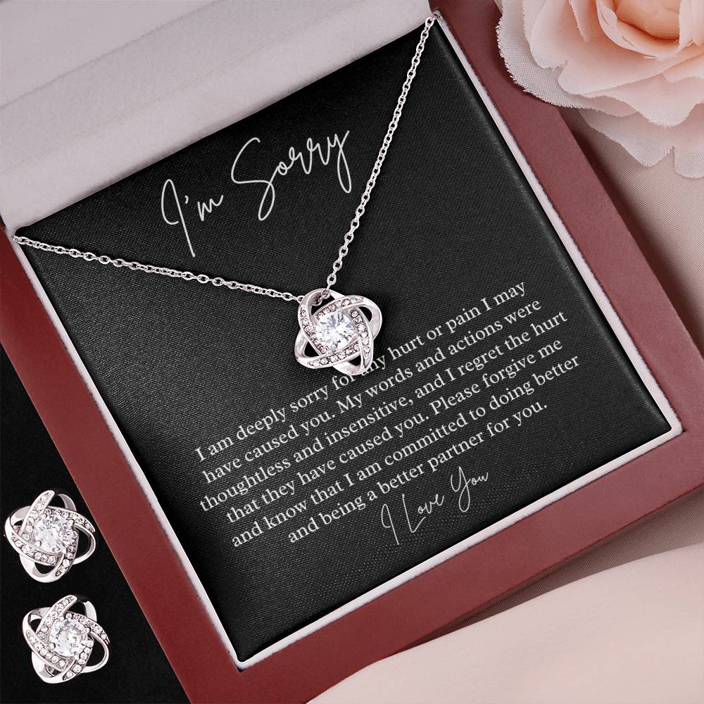 I'm Sorry heartfelt jewelry message card, Love knot Necklace & Earring Set - Heartfelt Sparks