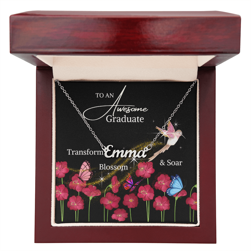 Graduation jewelry message card for her, name necklace - Heartfelt Sparks